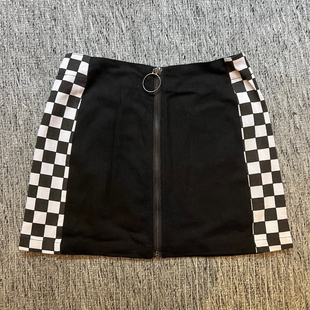 LF Carmar Black & White Checkered Zip Up Mini Skirt